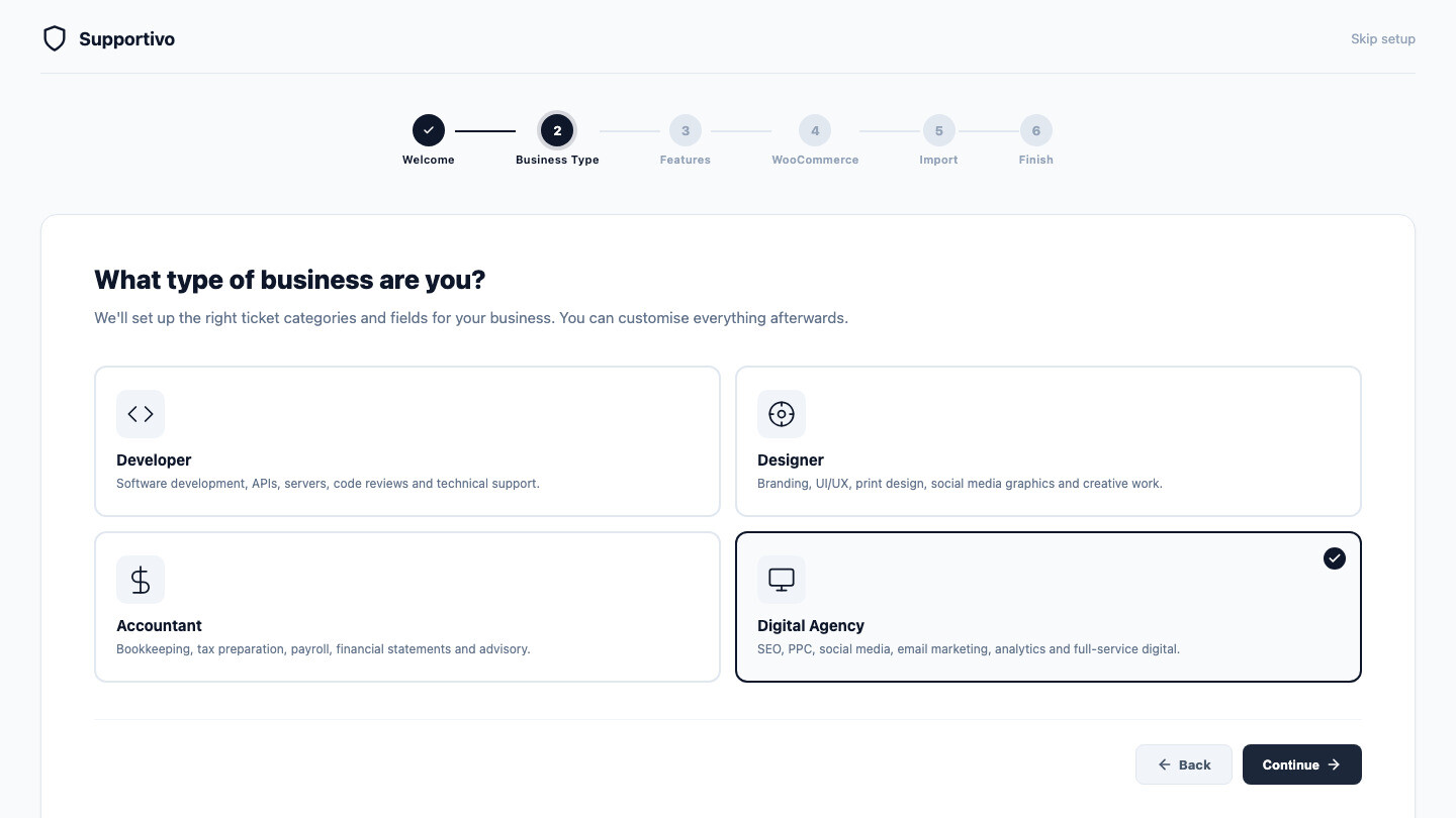 Supportivo setup wizard — business type selection